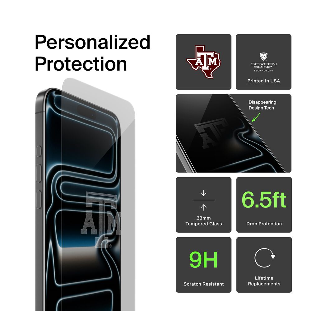 Belkin Texas A&M Aggies Custom Glass Screen Protector - iPhone 16/15/15 Pro, Clear - Image 2