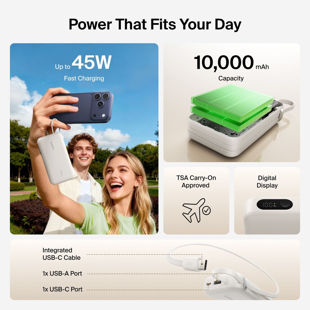 Belkin Power Bank 10K with Integrated Cable and Display - Sand, 10K, 11.5in cable - Image 3