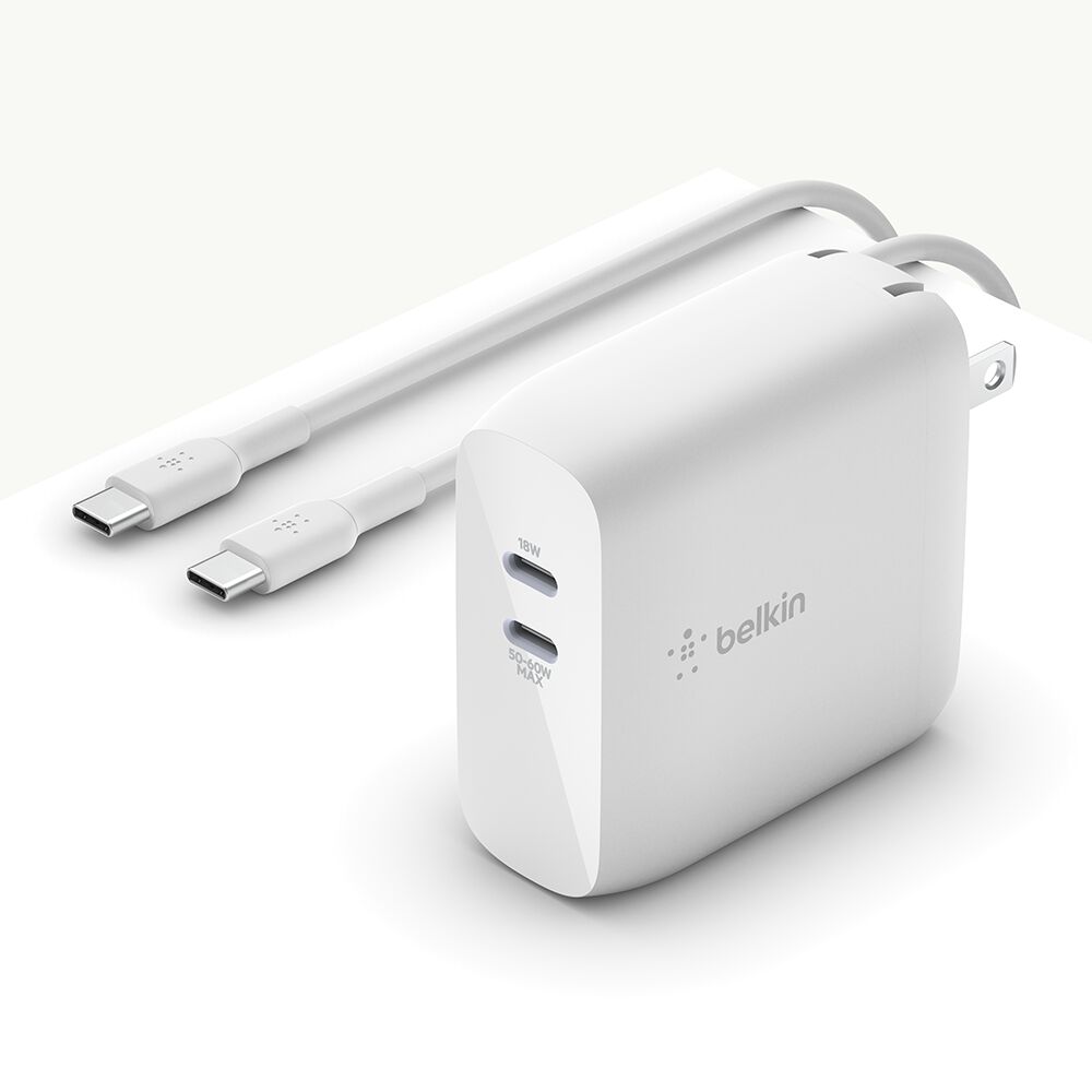 Belkin Dual USB-C GaN Wall Charger 68W + USB-C Cable - White, 2.0 meters
