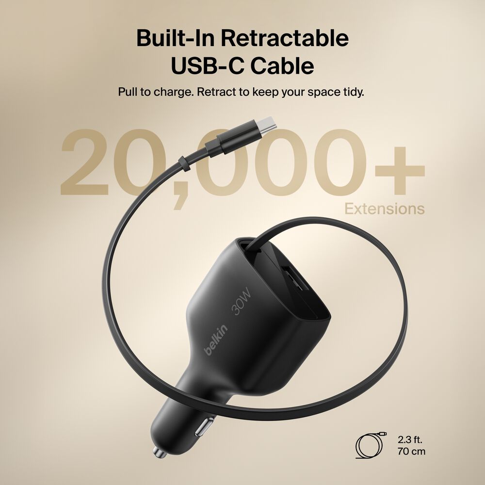Belkin Retractable Car Charger 30W - Black - Image 4