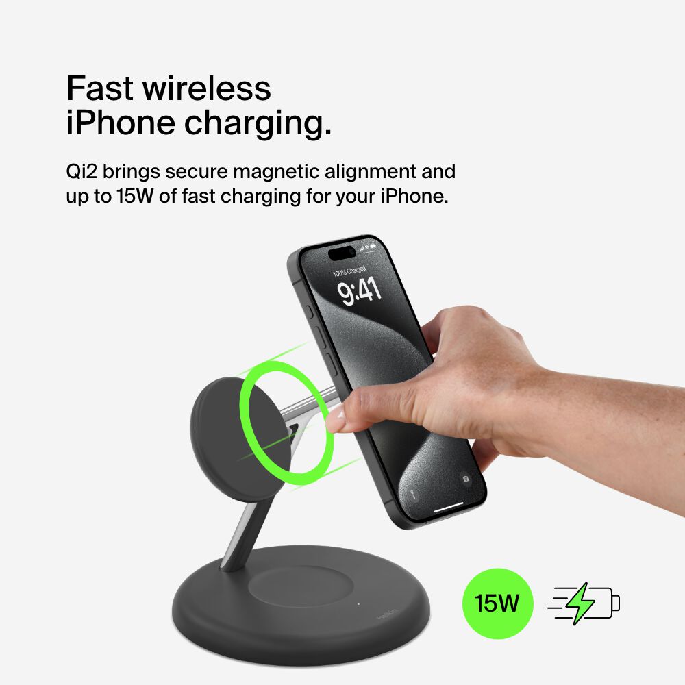 Belkin 3-in-1 Magnetic Wireless Charging Stand with Qi2 15W - Black - Image 2