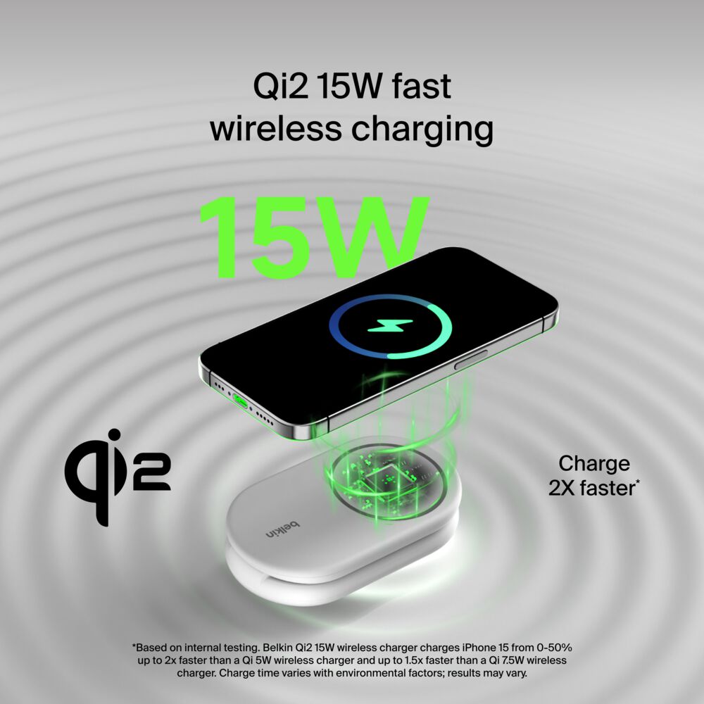 Belkin 2-in-1 Magnetic Foldable Wireless Charger with Qi2 15W - White, tt variant - Image 2